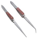 2 x Self Locking Closing Tweezers Straight Curved Tweezer Anvil Wood Grip TE748