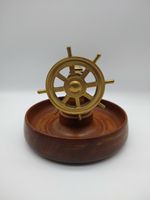 Vintage Mahogany Brass Ships Wheel Nautical Theme Nut Cracker With Wooden Bowl 