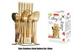 24PC CUTLERY DINNER SET STAINLESS STEEL METAL STAND RACK FORKS TEA SPOONS POLISH