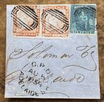 Mauritius 1859 16 1d bright red on grey worn imp to Adelaid AU Britannia 6d frag