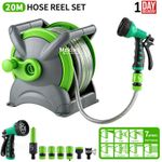 20m Garden Hose Pipe Compact Water Standing Wall Mounted 7 Spray Nozzles Reel