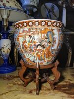 Vintage Chinese Fish Bowl Ceramic Planter Large On Wood Carved Stand 