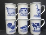 Set Of 6 Mugs Blue Farmyard Animals Cow Hen Duck Sheep Pig Fine Bone China Mugs