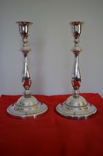 Vintage pair of tall, silver-plated baluster candlesticks.