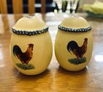 Ceramic Rooster Salt & Pepper Shakers Set 2 Small Cream Blue Trim Traditional