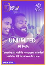 Three UNLIMITED UK Data SIM - Valid for 30 Days  - 5G/4G - Preloaded