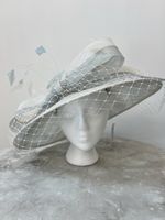 Stunning Jayne Alison Millinery Grey And Blue Hat With Bow And Netting