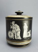 Prattware Cylindrical Tobacco Jar and Cover Pratt Fenton ''Old Greek 5.6in x 4.5