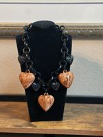 Chunky Black Resin Chain Heart Charm Necklace Marbled Brown Puffy Hearts Boho