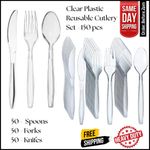 150pc Clear Reusable Plastic Cutlery Set - Spoons Forks Knives Heavy Duty