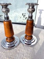 PAIR VINTAGE ART DECO STYLE WOOD & CHROME METAL CANDELABRAS CANDLEHOLDERS