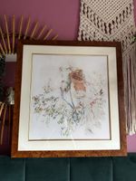 Vintage Framed Cross Stitch Embroidery Girl With Horse Floral Country Scene