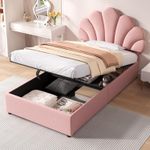 Single Bed with Hydraulic Storage Chic Petal Bed Frame Wooden Slats Pink