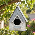 Rustic Metal Birdhouse, Galvanized Silver Hanging Bird House for Garden