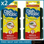 2 x 3PK DISHMATIC REPLACEMENT REFILL HEADS HEAVY DUTY NON SCRATCH SPONGE SCOURER