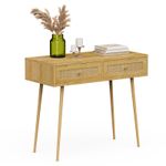 Dressing Table with Natural Rattan, Vanity Storage with 2 Drawers - VonHaus