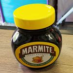 Marmite Yeast Extract Advertising Storage Jar, Yellow Lid, Original. 6.25in High