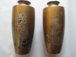 A Pair of Antique Japanese Meiji Mixed Metal Bronze Vases Signed 8.25" Tall