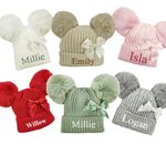 Personalised Baby Knitted Hat Pom Pom Bow Hat Bobble Hat Shower Reveal Gift