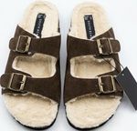 South Beach Men's Sandal Brown Suede Double Buckle Faux Fur Lined Comfort