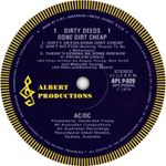 AC/DC Dirty Deeds Done Dirt Cheap record label vinyl sticker. Albert Records