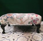 Vintage Footstool Reupholstered in Printed Linen Wooden Frame & Cabriole Legs. 