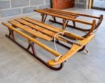 Pair of Vintage Wooden Sled for Children, Brown, Includes Pull Rope & Sled Set