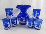 Vintage Cobalt Blue White Etched Victorian style Mary Gregory Glass Pitcher Set
