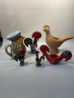 Colorful Rooster & Hen Figurines Set – Folk Art Style – Decorative Pottery