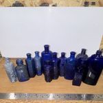 12x Vintage Cobalt Blue Glass Poison Bottles Ribbed