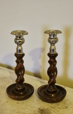 Antique Oak Barley Twist Candlesticks Pair Metal Sconce 9" Vintage