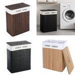 FOLDING LAUNDRY BASKET HAMPER BAMBOO WOOD DARK AND LIGHT SECTION WITH LID 