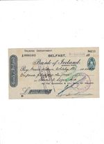 BANK  OF  IRELAND   CHEQUE   1936  BELFAST