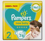 Pampers New Baby Disposable Nappies Size 2 Jumbo+ Pack 76 (4-8kg/9-18lb)