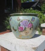 Oriental Chinese Fish Bowl / Planter Plant Pot Butterflies Decoration Green