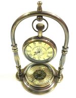Antique Nautical Victorian London Brass Table Top Decor Clock with Compass