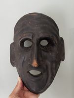 Vintage Hand Carved Wood Theater Mask Mid Century FolkArt Carnival Expressionist