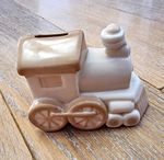 Ceramic Train Locomotive Moneybox Piggy Bank Coin Bank White & Beige Decor