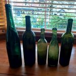 5 ANTIQUE WINE BOTTLES   GREEN GLASS DEEP PONTIL BASES ON 3,  APPLIED LIPS ON 4