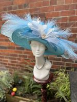 The Ultimate Kentucky Derby Hat , Hat for Ascot lots of feathers. Blue & white  