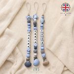 Personalised Baby Dummy Clip Chain Blue Silicone Name Custom Pacifier Holder