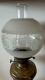 Brass & Glass Oil Lamp with Floral Etched Clear Shade, Glass Chimney