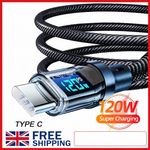 120w Super Fast USB Type-C Charging Cable Braid Phone Charger Lead with Display