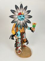 Vintage Hopi Sun Face Kachina Doll Signed R. Jean Vibrant Fur Feather Shells 12”
