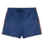 Mens Gucci GG Logo Print Signature Side Stripes Navy Blue Swim Shorts