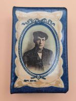 Antique Edwardian Celluloid Tin Matchbox Holder Photo Portrait Patriotic c.1900