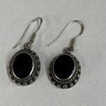 Vintage 925 Sterling Silver Black Onyx Oval Beaded Drop Earrings Boho Southwest