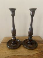 Pair of Vintage Turned Dark Wood Candlesticks with Brass Holders 11.5” Tall