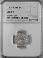 1866  5C SHIELD NICKEL  "WITH RAYS"   NGC AU53   #8404746-047