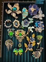 Lot 17 Blue Green Rhinestone Brooch Pins Statement Floral Butterfly Jewelry